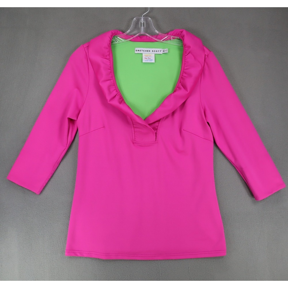 Gretchen Scott Solid Hot Pink Ruffle V Neck 3/4 Sleeve Top Blouse Size XS
